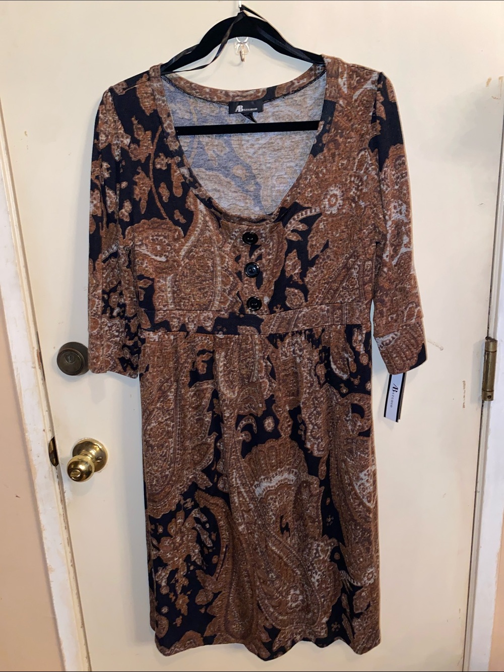 AB Studio Brown and Black Paisley Scoop Neck Midi NWT Size XL